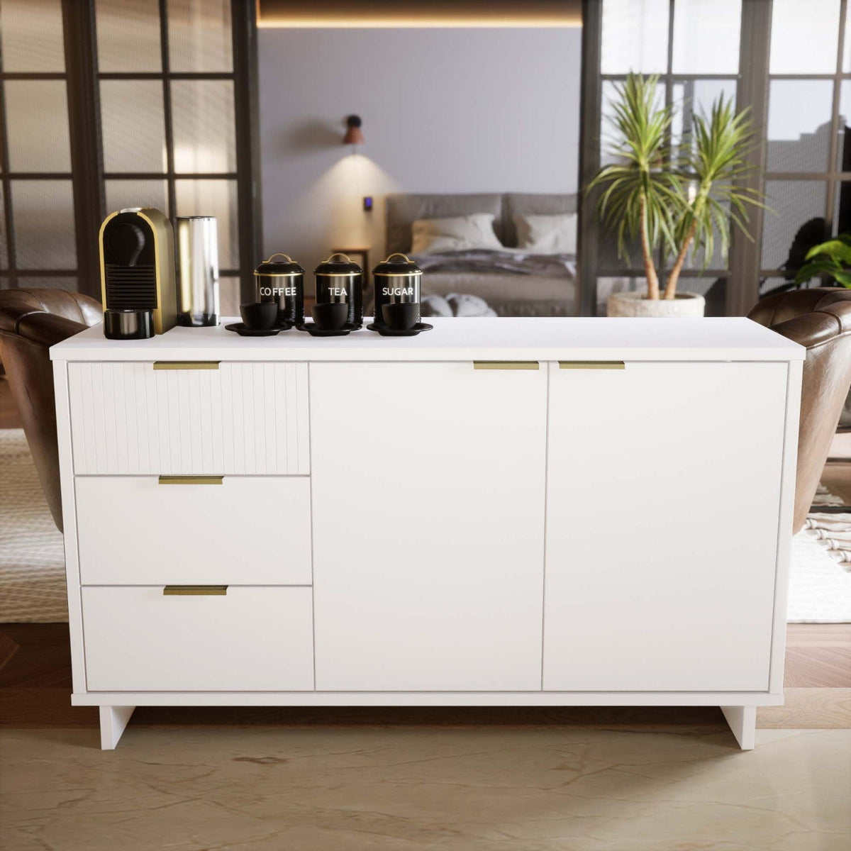 Granville Sideboard by HouseOfZazla, white with brass hardware and full-extension drawers on Tampa Home & Garden Store
