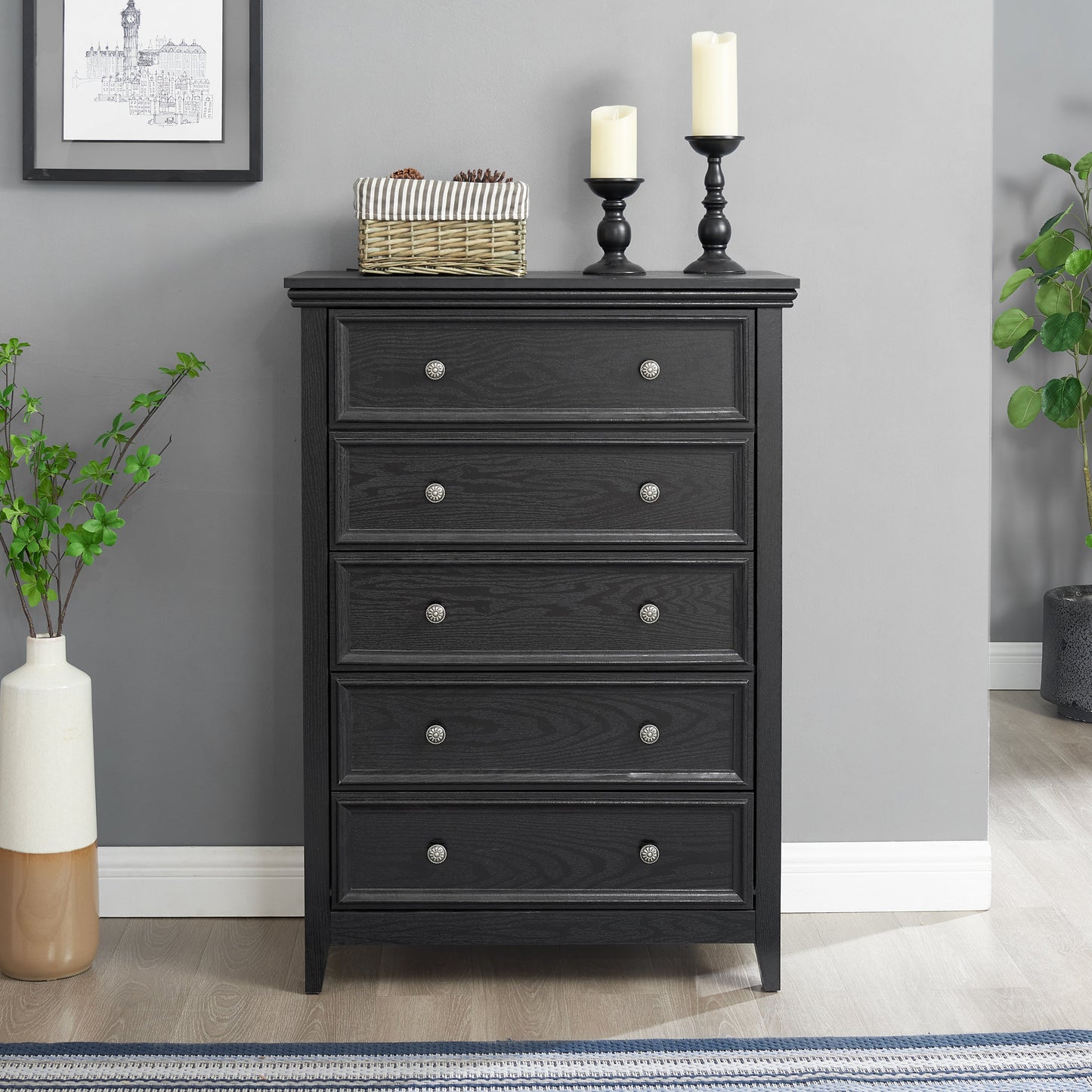 Modern 5-Drawer Black Dresser by HouseOfZazla with striped basket and two candle holders on Tampa Home & Garden Store