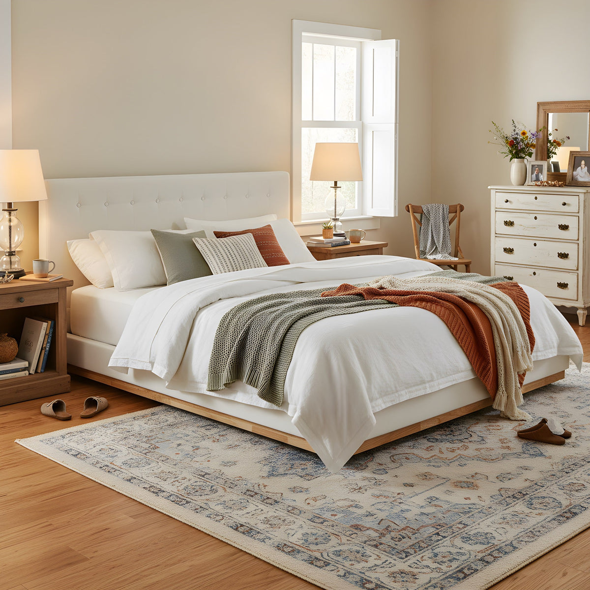 Solid rubber wood platform bed with white upholstered headboard by HouseOfZazla on Tampa Home & Garden Store
