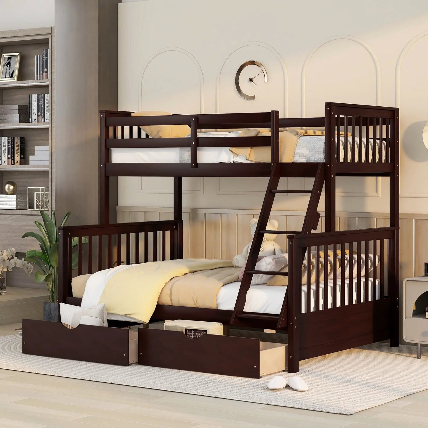 Bunk bed with ladders and 2 storage drawers in dark espresso wood by Unique Piece Furniture on Tampa Home & Garden Store