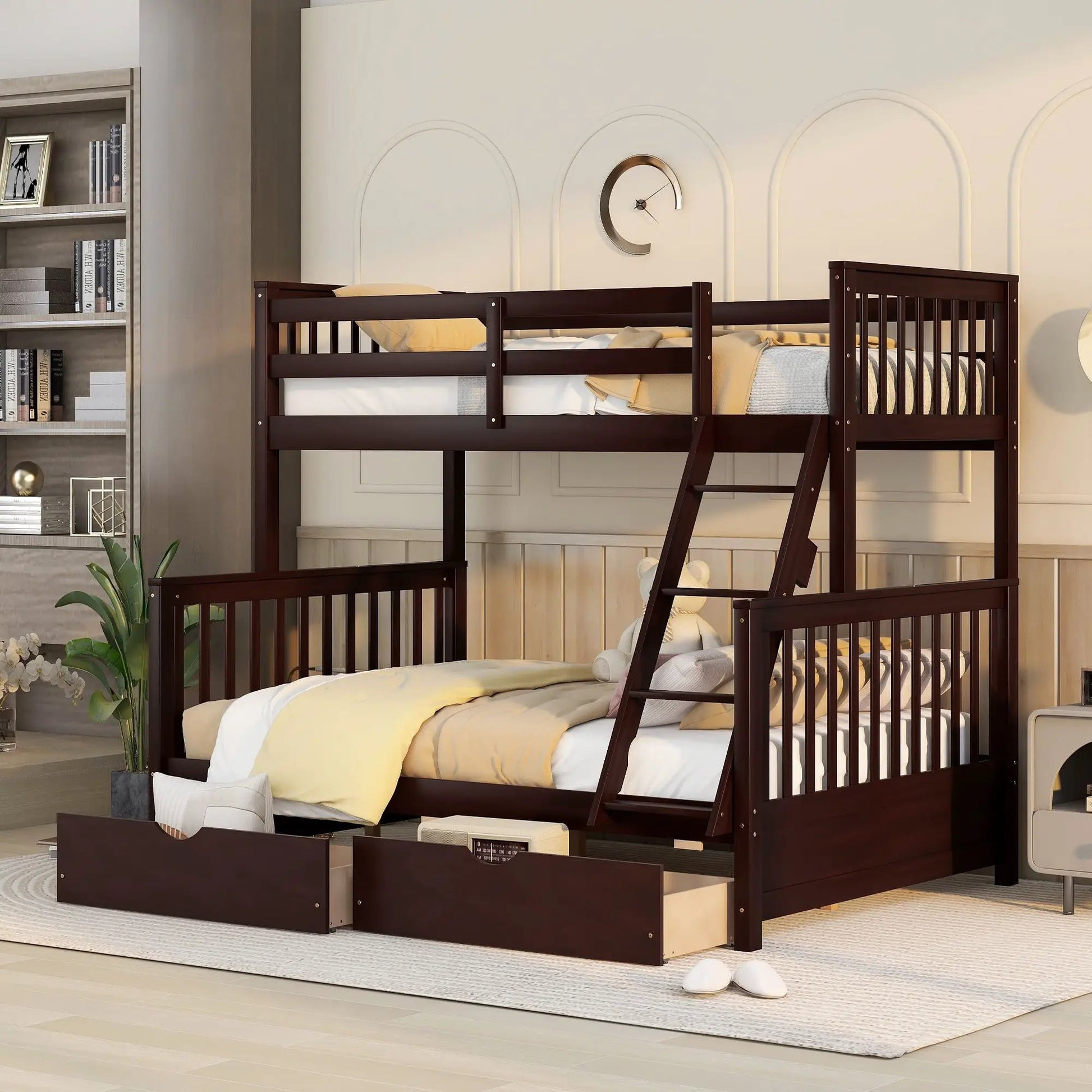 Bunk bed with ladders and 2 storage drawers in dark espresso wood by Unique Piece Furniture on Tampa Home & Garden Store