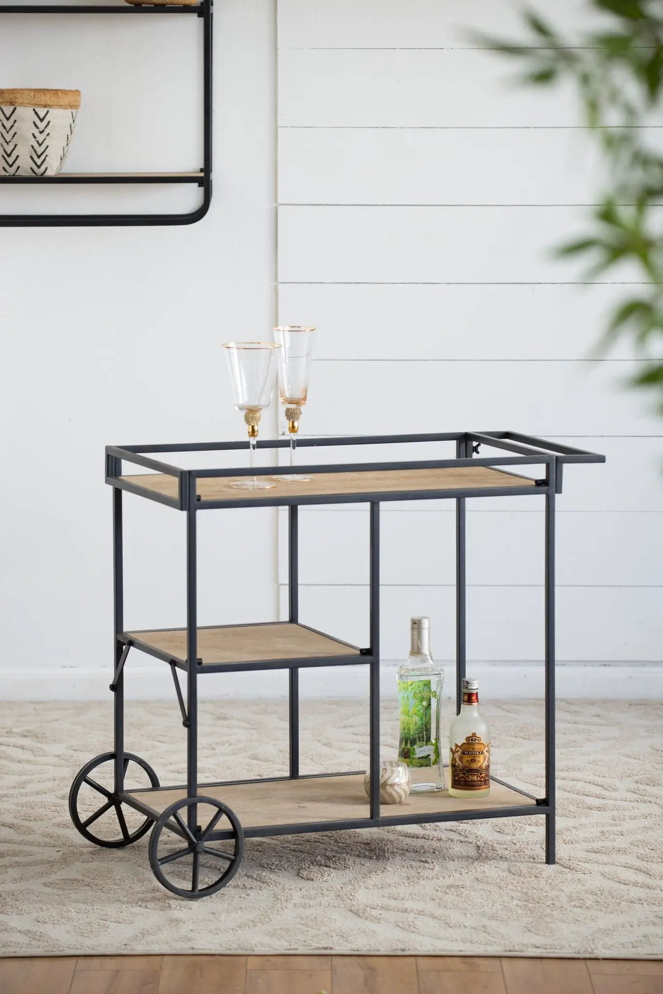 Shelf With Wheel Black and Brown Wood Finish