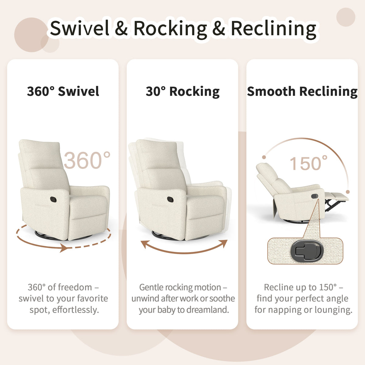 Manual Swivel Rocker Recliner Chair in beige fabric 360° swivel and 30° rocking recline on Tampa Home & Garden Store