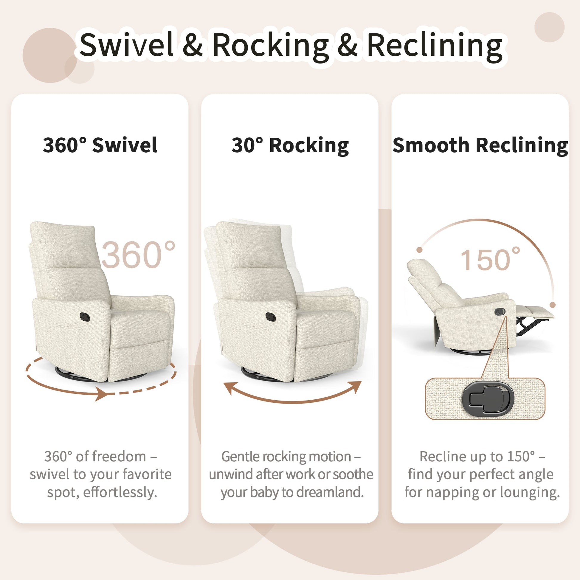 Manual Swivel Rocker Recliner Chair in beige fabric 360° swivel and 30° rocking recline on Tampa Home & Garden Store