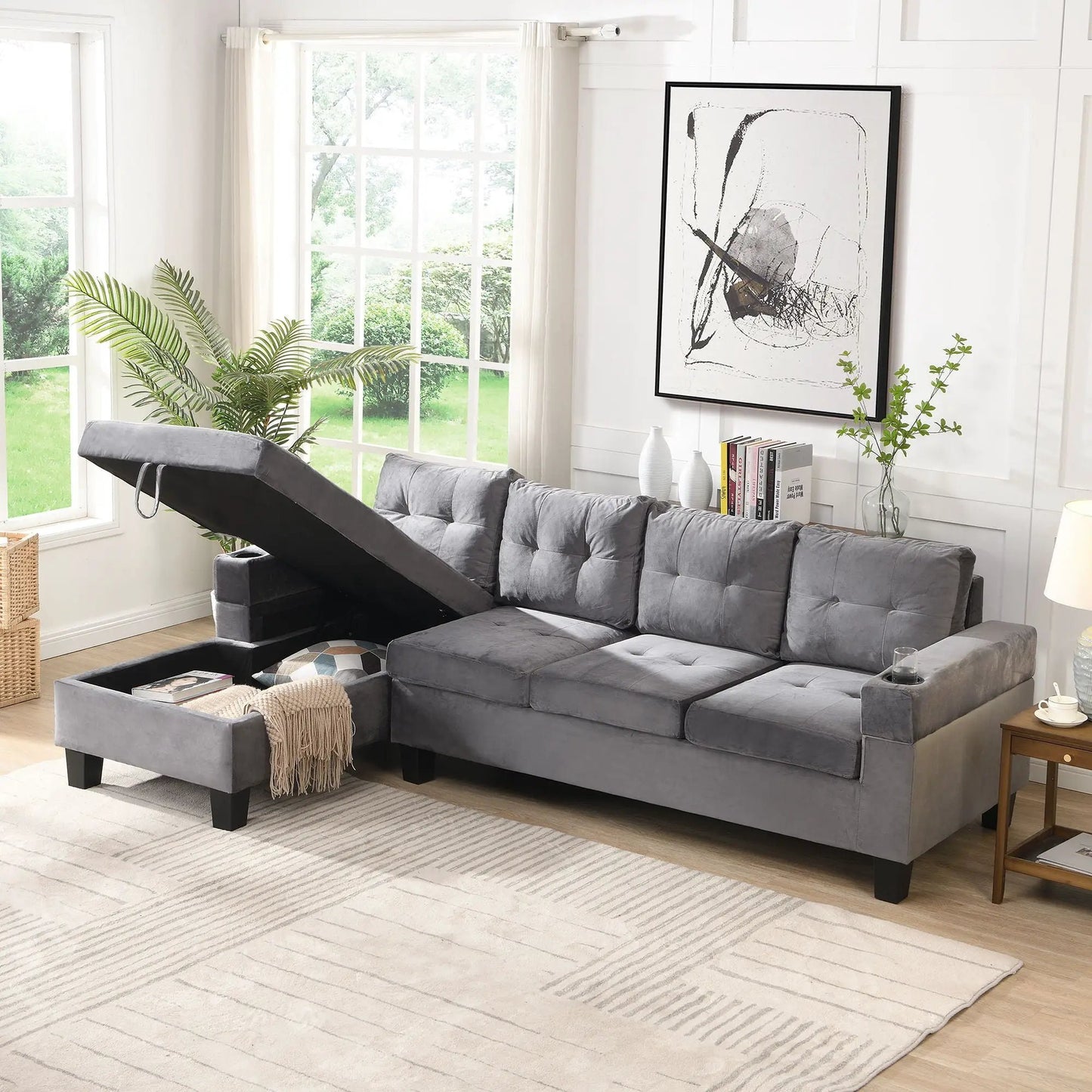 Modern sectional sofa with L-shaped gray tufted fabric chaise and storage ottoman on Tampa Home & Garden Store