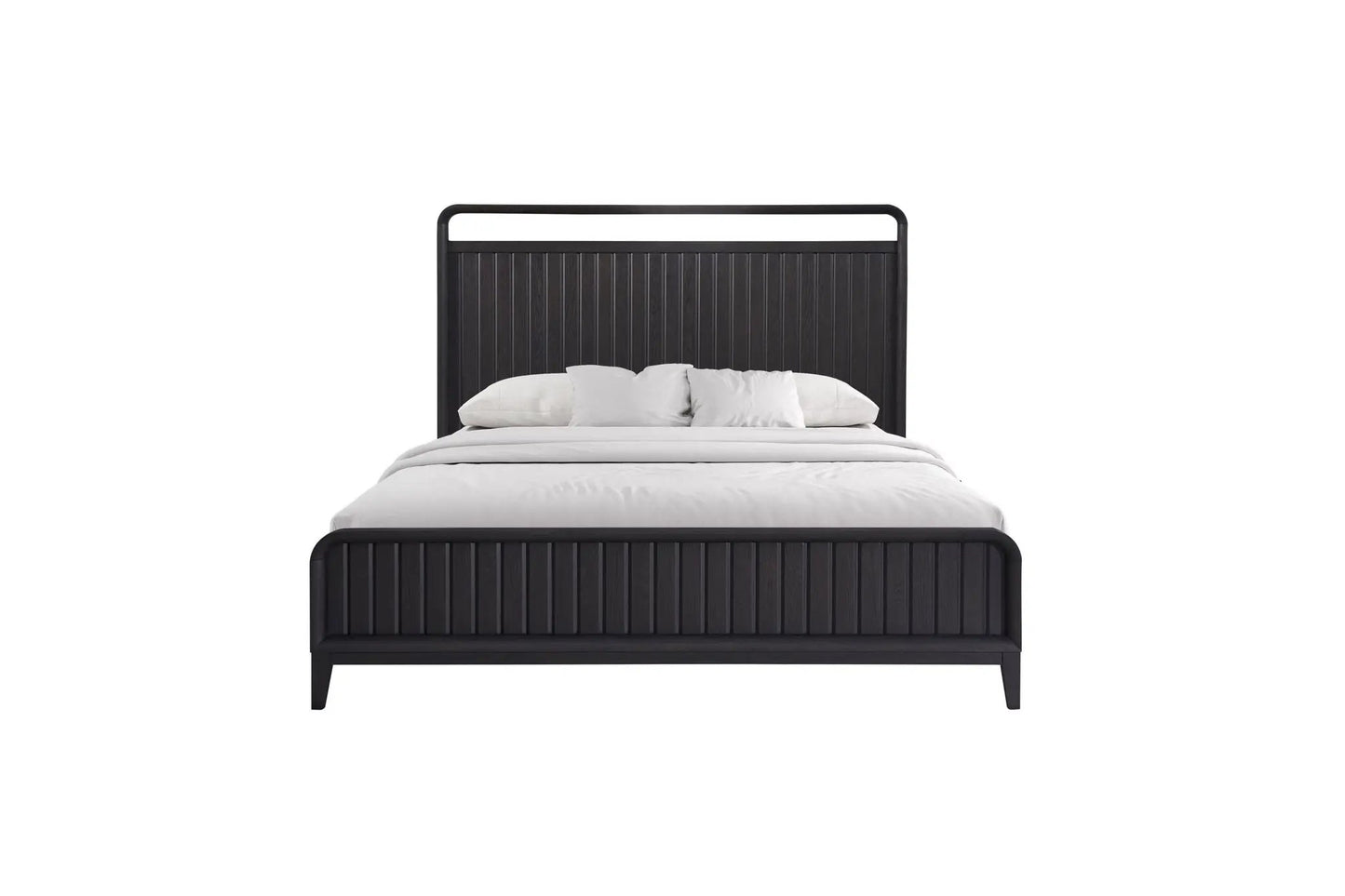 Design Open Panel Bed with black wood slatted headboard and low footboard, white bedding on Tampa Home & Garden Store