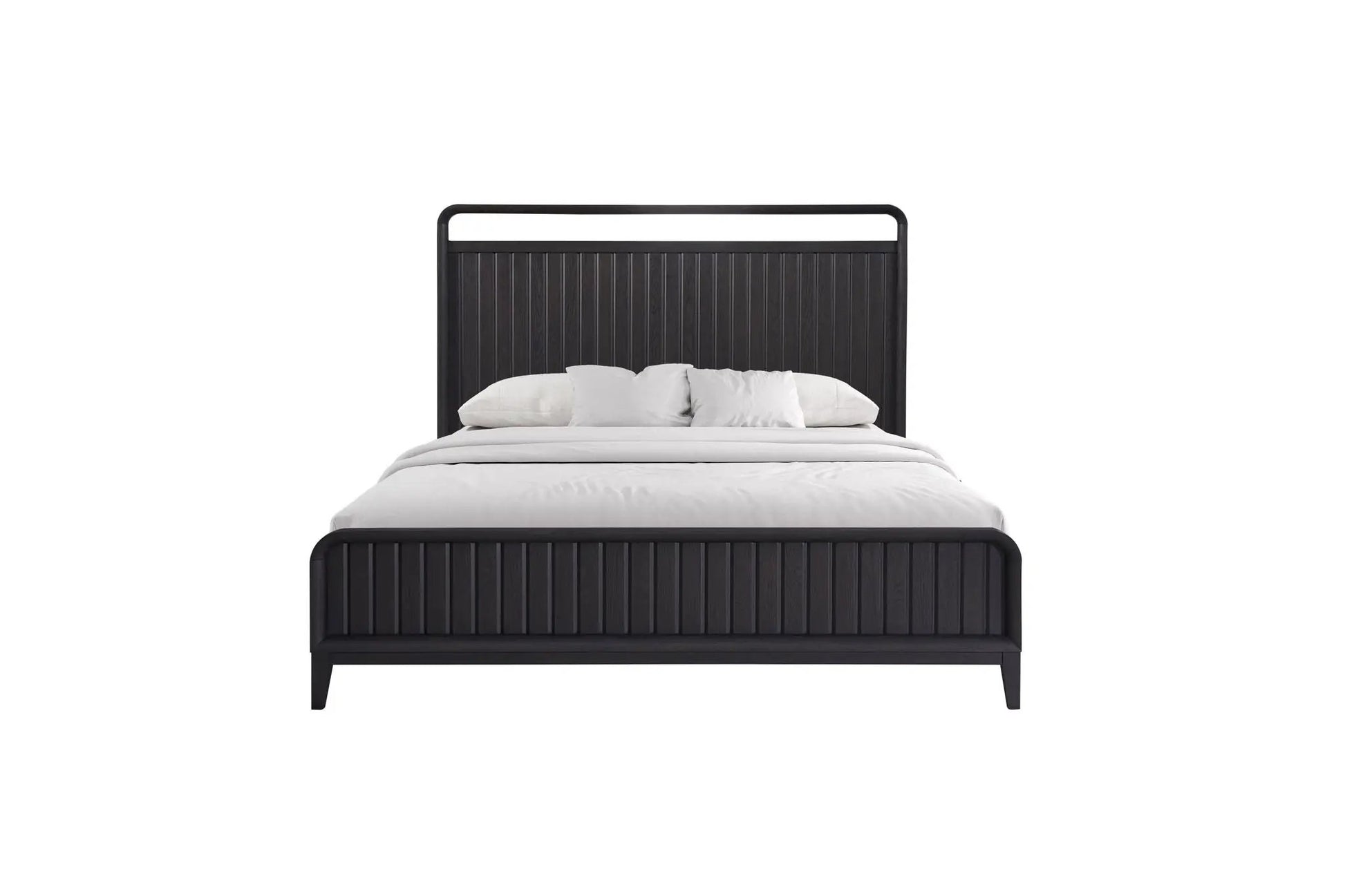 Design Open Panel Bed with black wood slatted headboard and low footboard, white bedding on Tampa Home & Garden Store