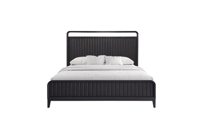 Design Open Panel Bed with black wood slatted headboard and low footboard, white bedding on Tampa Home & Garden Store