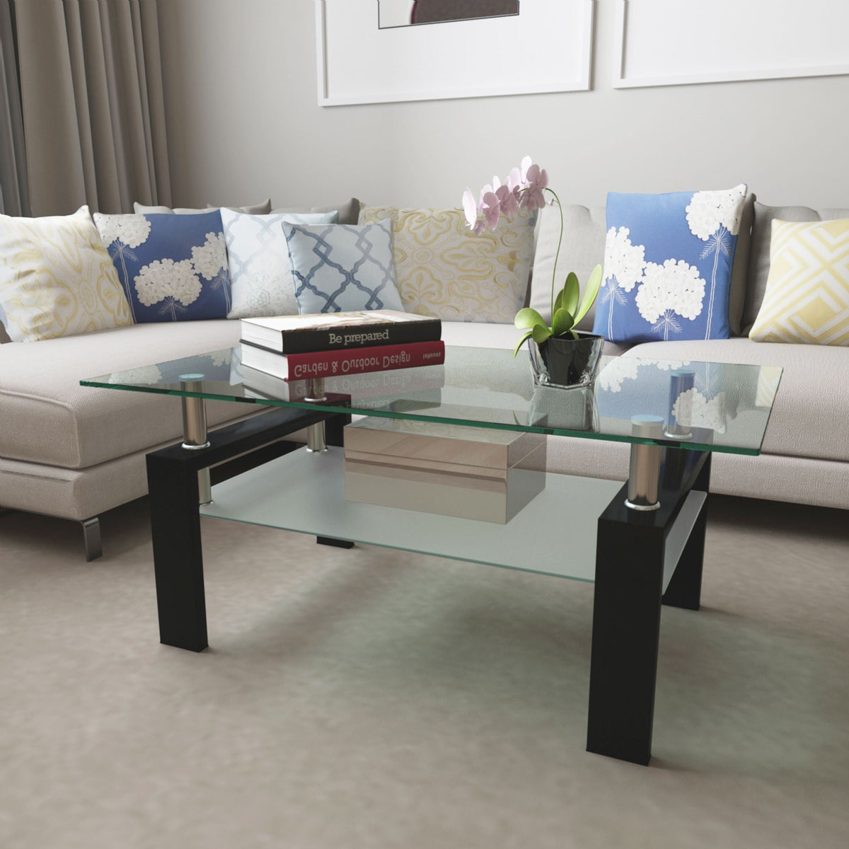 Modern rectangular coffee table with tempered glass top and black block legs on Tampa Home & Garden Store
