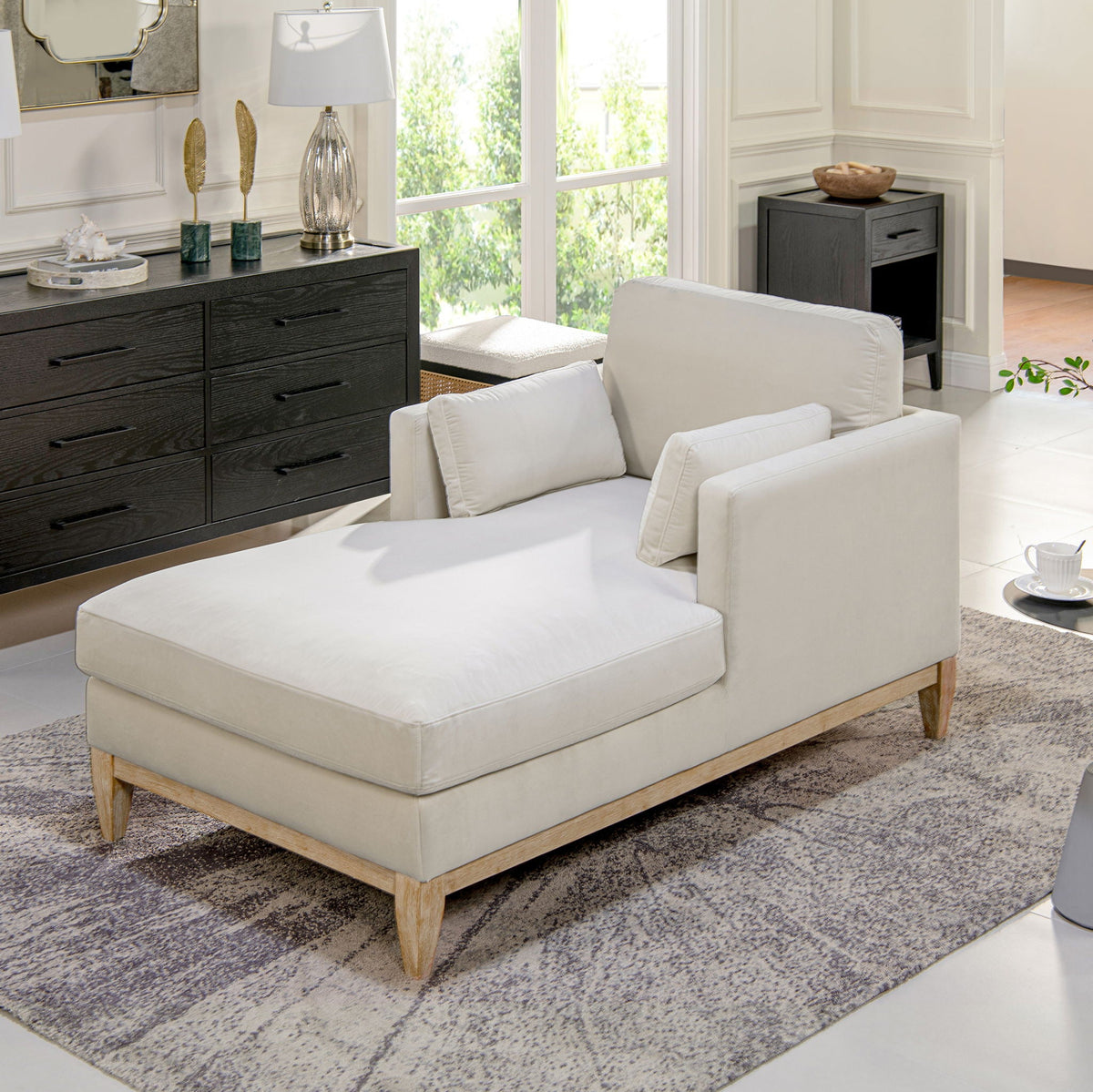 Chaise lounge chair beige modern farmhouse with removable cushions and light wood legs on Tampa Home & Garden Store
