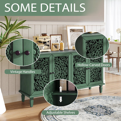 60' Antique Buffet Cabinet with Floral Carvings, green finish, hollow-carved doors, adjustable shelves on Tampa Home & Garden Store