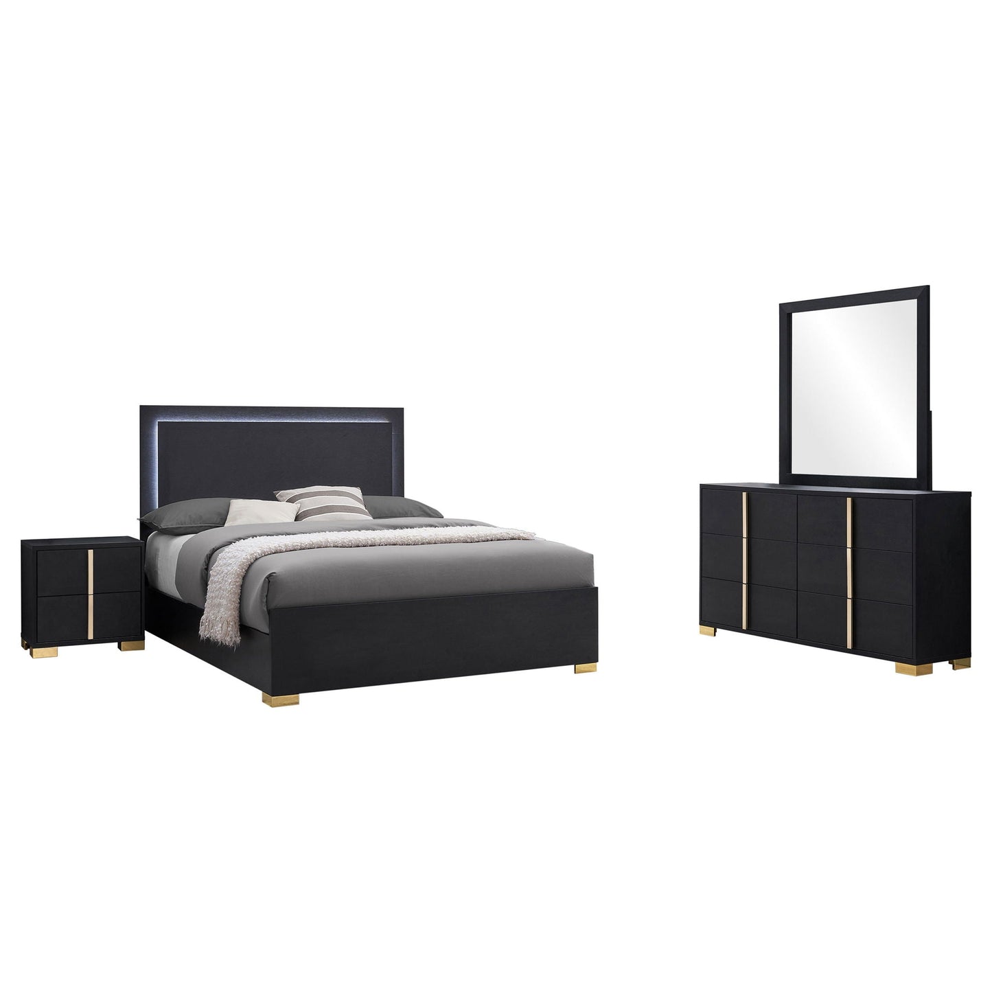 Medici LED Bedroom Set by HouseOfZazla, black 4-piece with headboard and dresser on Tampa Home & Garden Store
