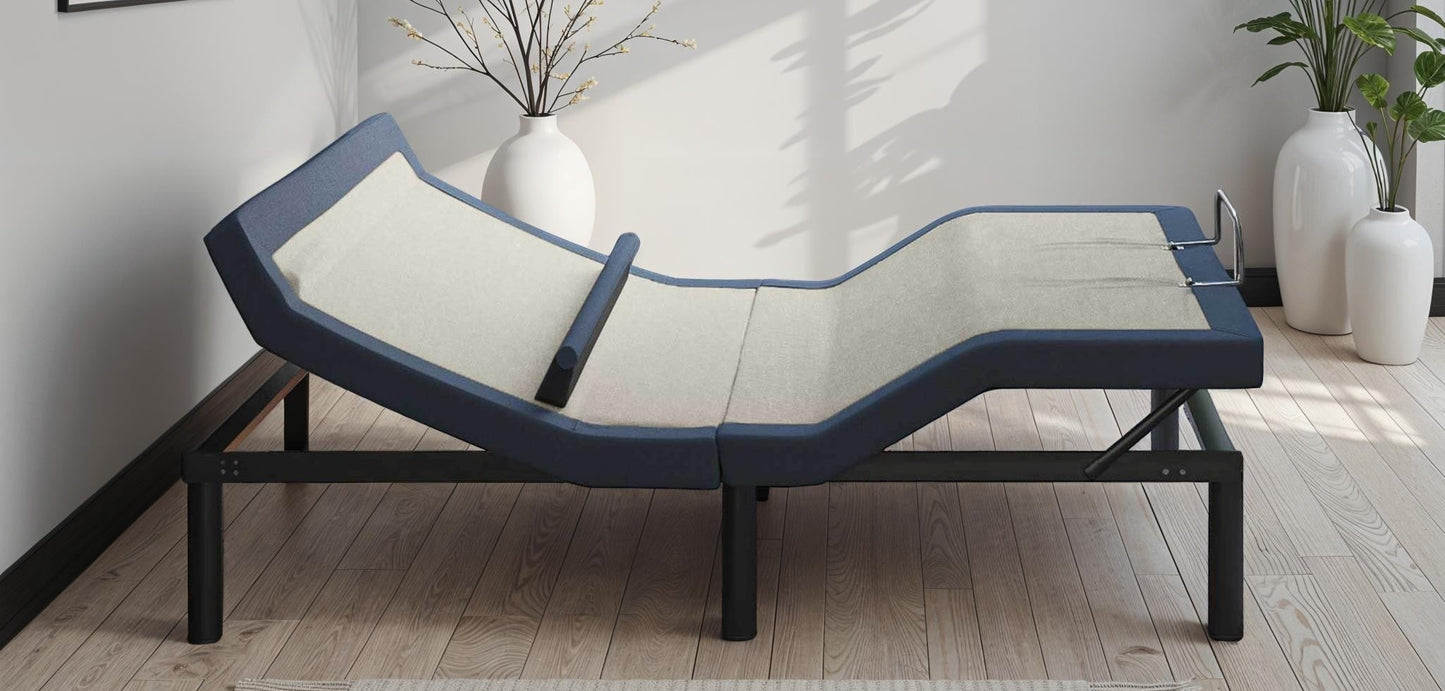 Queen adjustable bed base with head/foot tilt navy frame beige upholstery HouseOfZazla on Tampa Home & Garden Store