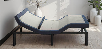Queen adjustable bed base with head/foot tilt navy frame beige upholstery HouseOfZazla on Tampa Home & Garden Store