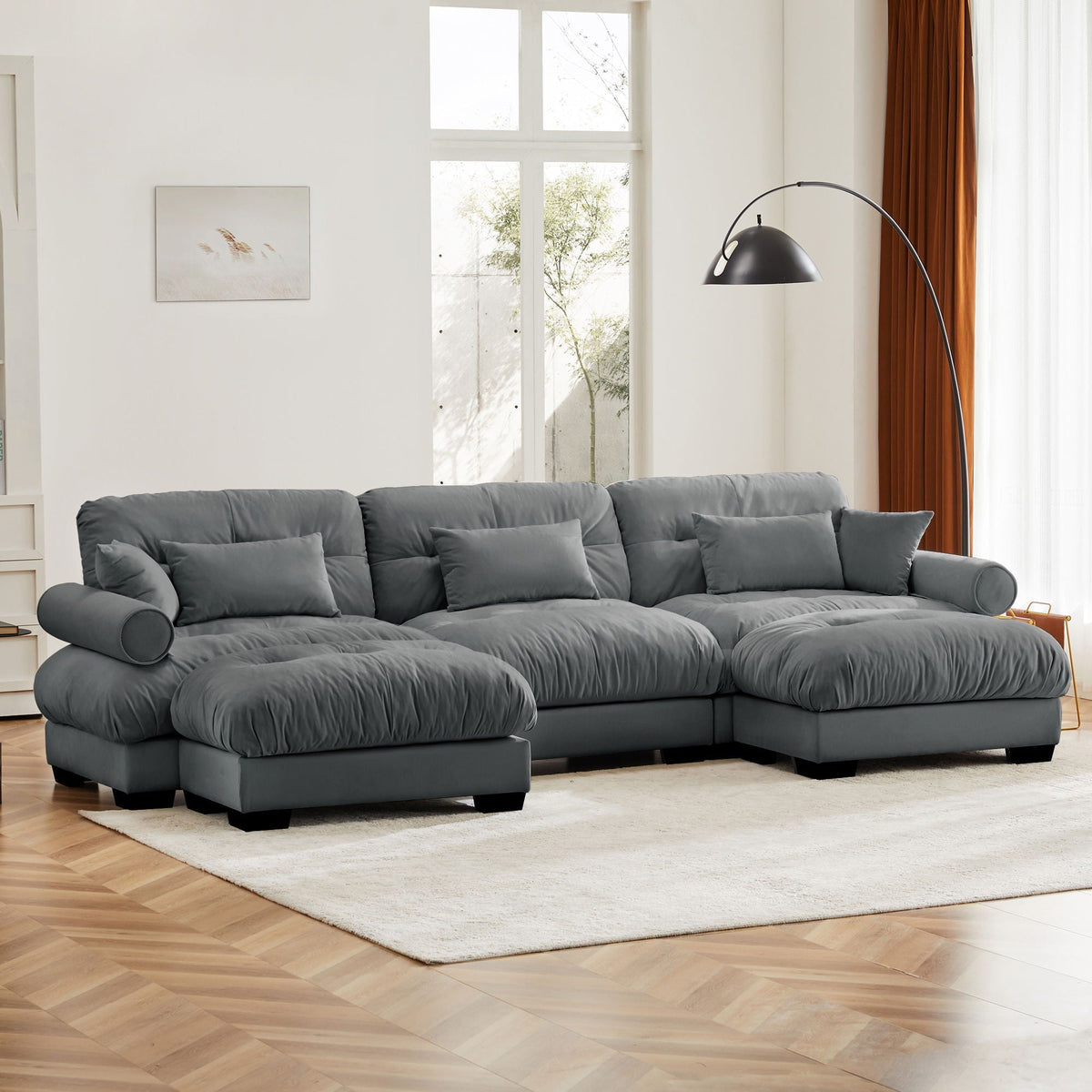 Modular sectional sofa by HouseOfZazla with movable ottoman, blue-gray upholstery, 2-piece set on Tampa Home & Garden Store