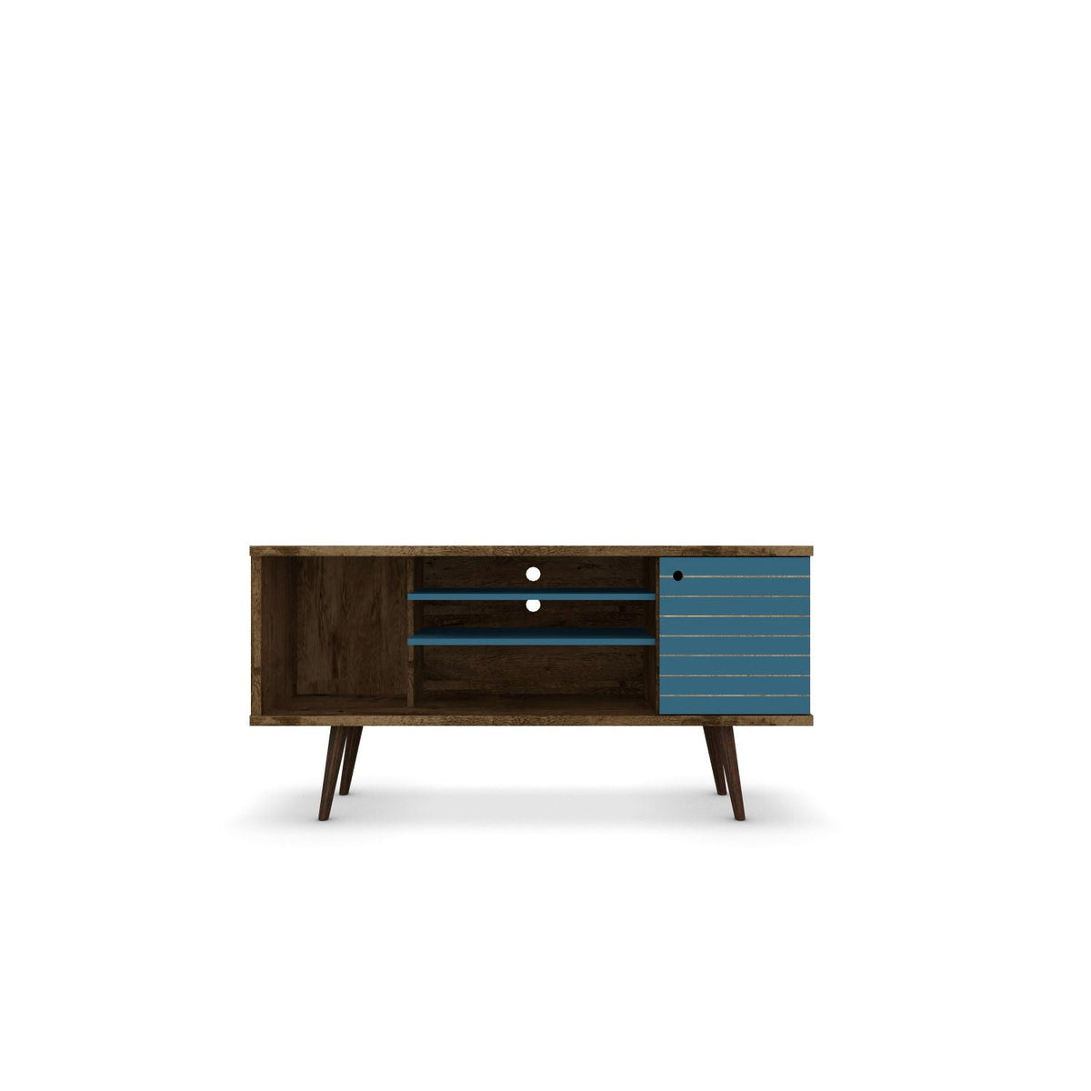 Free standing TV stand with storage in dark wood, blue striped right drawer, open shelves on Tampa Home & Garden Store
