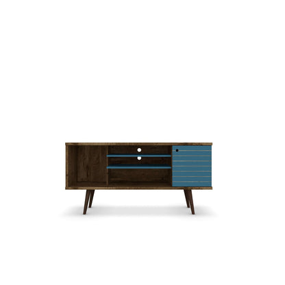 Free standing TV stand with storage in dark wood, blue striped right drawer, open shelves on Tampa Home & Garden Store
