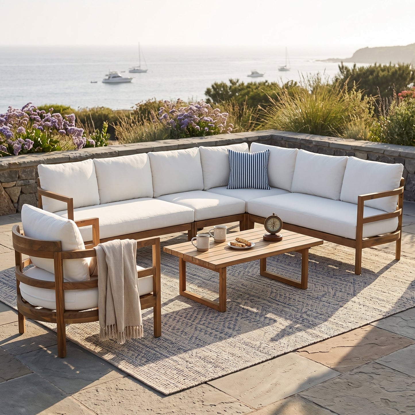 Outdoor Acacia Wood Six Seater Sectional Sofa