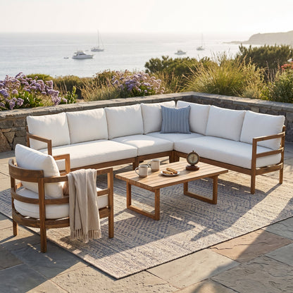 Outdoor Acacia Wood Six Seater Sectional Sofa