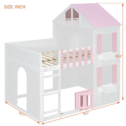 HouseOfZazla full over full house bunk bed with storage in white and pink, playhouse roof on Tampa Home & Garden Store