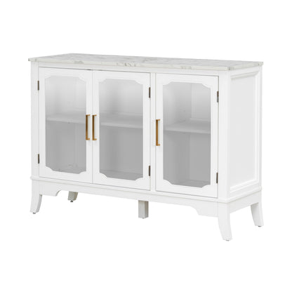 Storage cabinet white with marble top, glass-front doors, 3-door unit with brass handles on Tampa Home & Garden Store