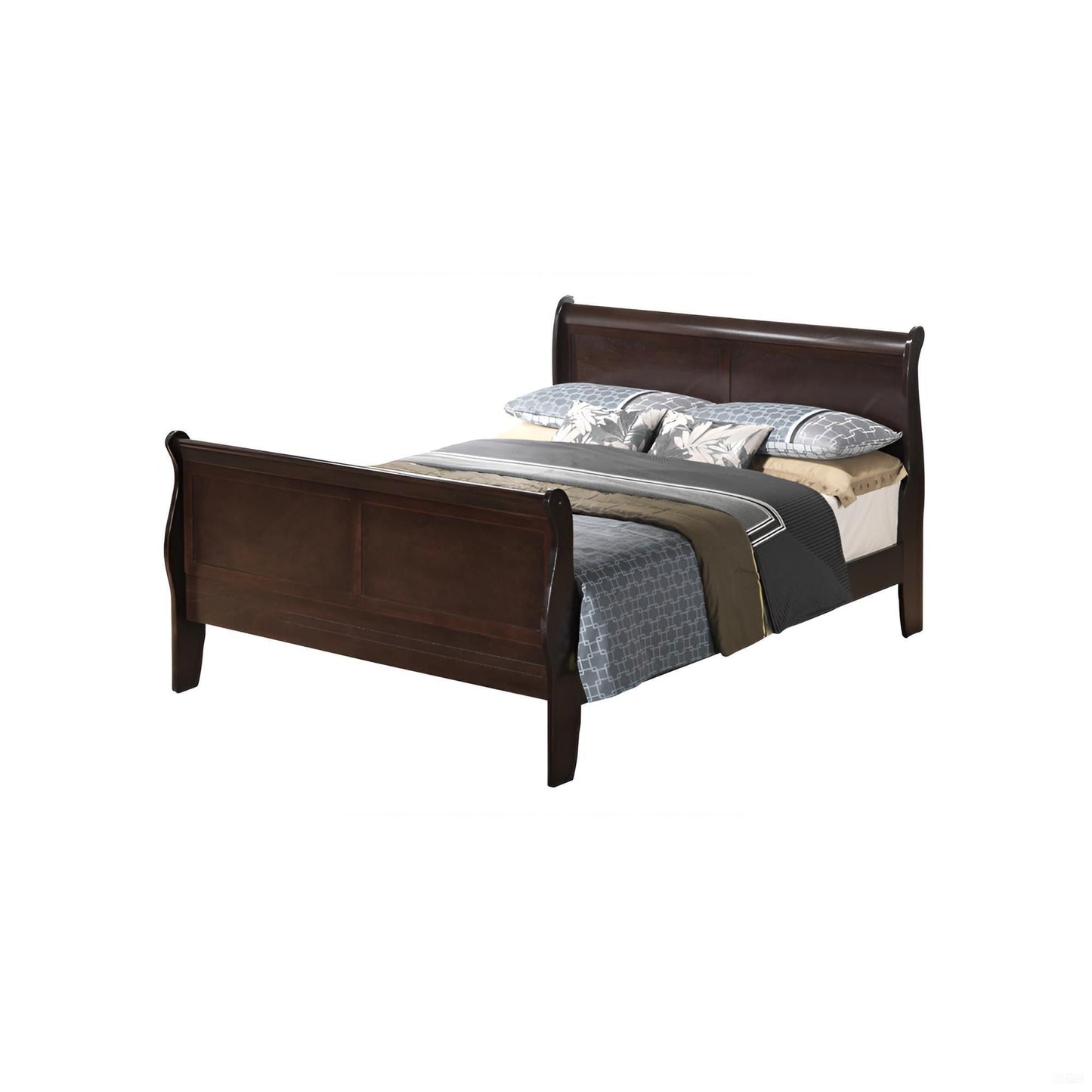 Louis Phillipe Panel Sleigh Bed in dark wood with curved headboard and panel details, HouseOfZazla on Tampa Home & Garden Store