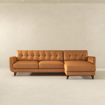 Allison - Mid-Century Modern Sectional Sofa Chaise, caramel leather, tufted cushions, wood legs on Tampa Home & Garden Store