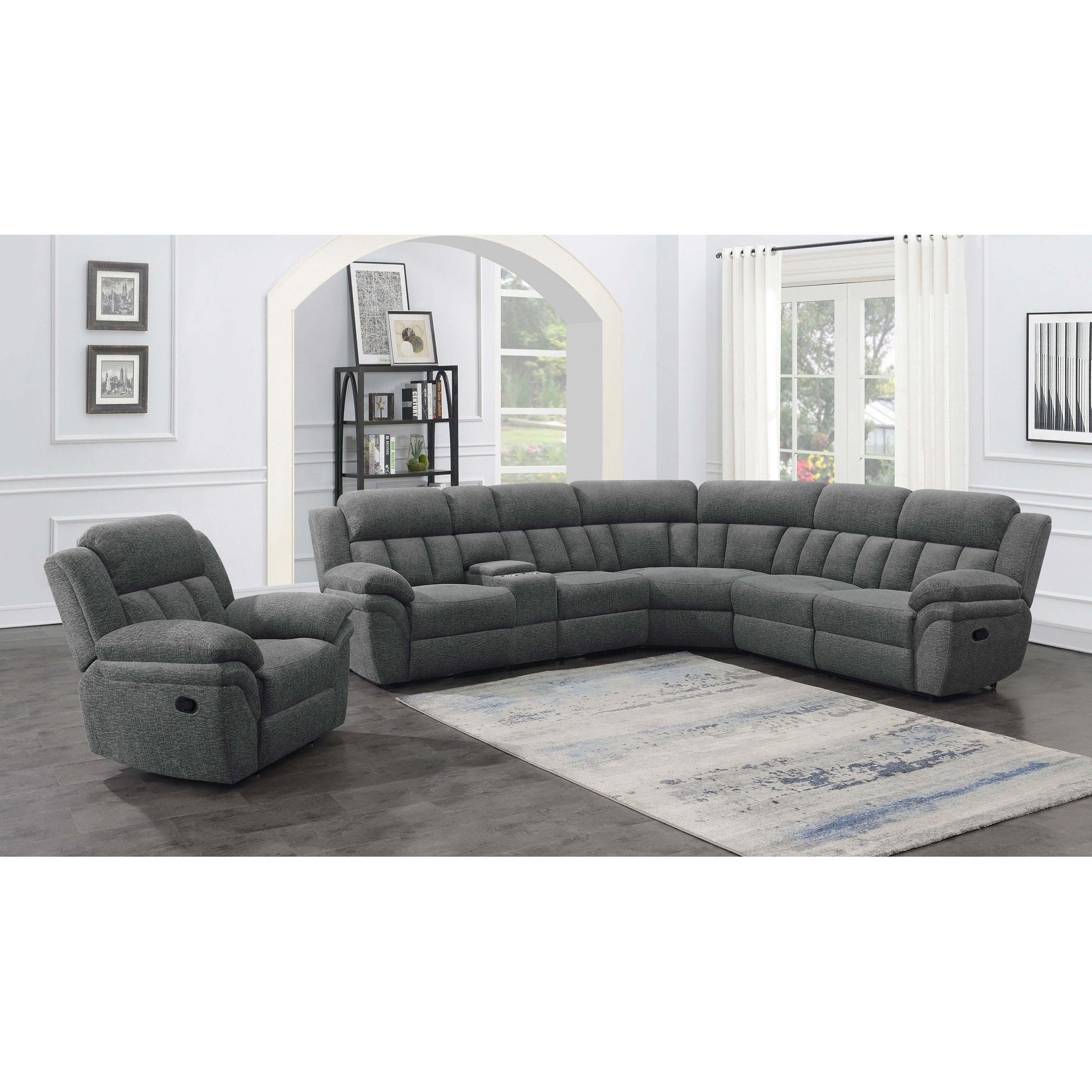 Divine 6-piece reclining sectional in dark gray fabric with curved chaise modules on Tampa Home & Garden Store