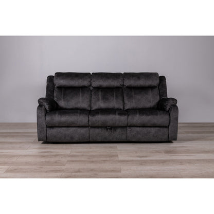 Sonet Domino reclining sofa by HouseOfZazla, dark charcoal fabric with white stitching on Tampa Home & Garden Store