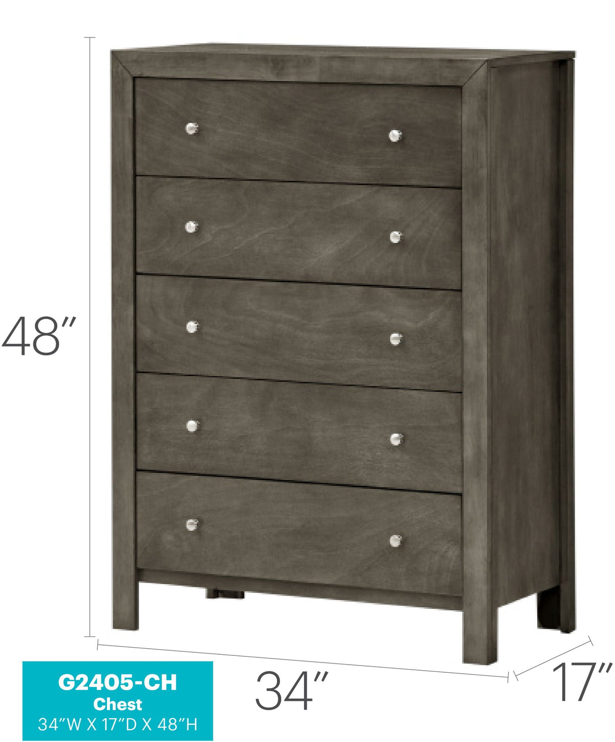 Transitional Elegant Gray Storage Chest with spacious drawers and crystal knobs on Tampa Home & Garden Store