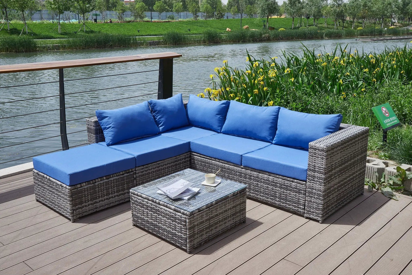 Patio sofa with cushions from Unique Piece Furniture 2-piece outdoor set, blue cushions on Tampa Home & Garden Store