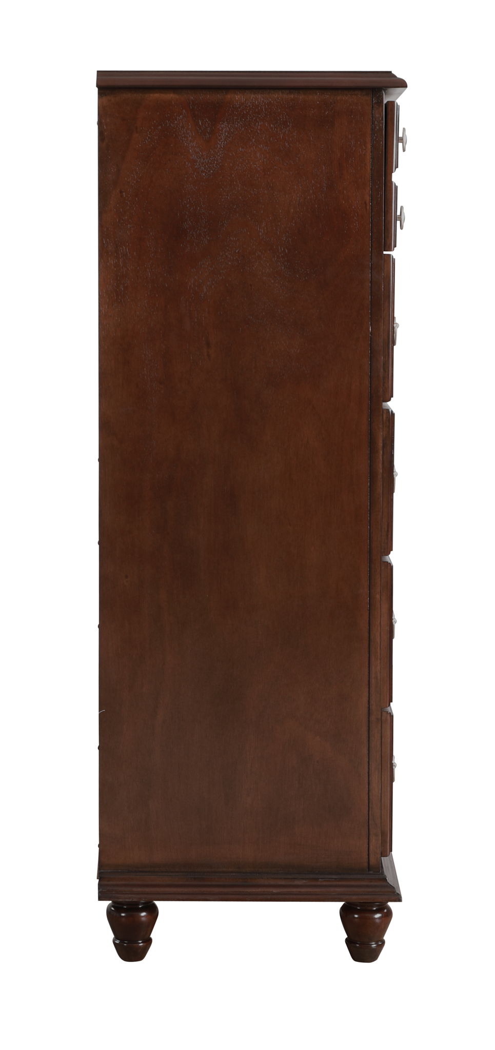 Dark brown accent chest with wood veneers, tall unit with bun feet and metal knobs on Tampa Home & Garden Store