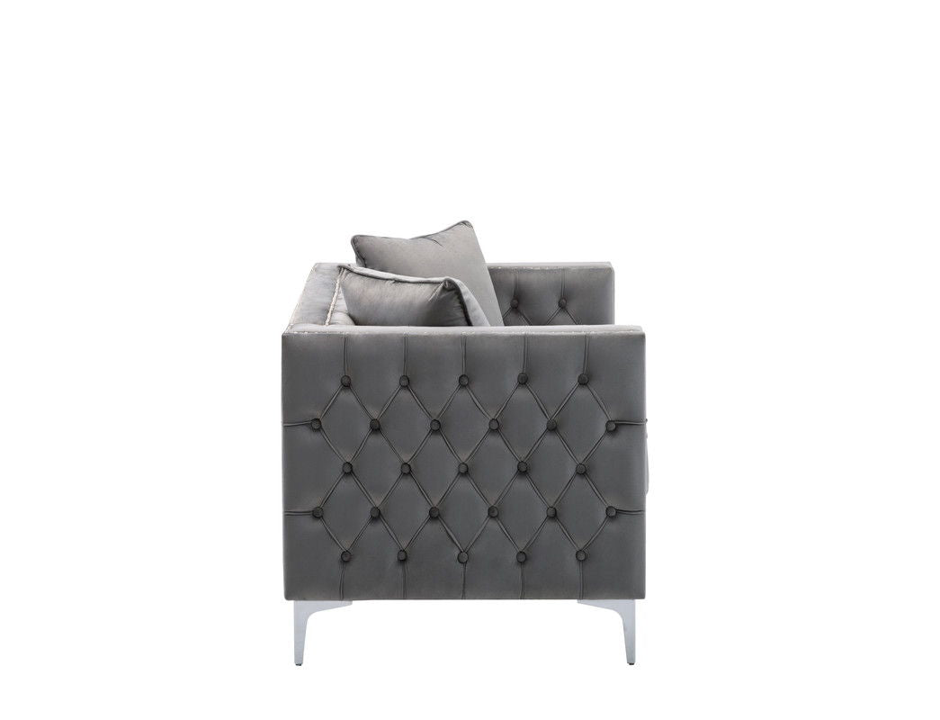 Gray Lorreto loveseat with button tufting and silver legs on Tampa Home & Garden Store