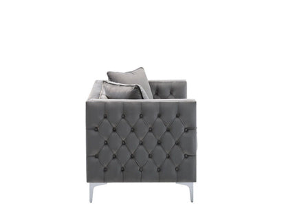 Gray Lorreto loveseat with button tufting and silver legs on Tampa Home & Garden Store