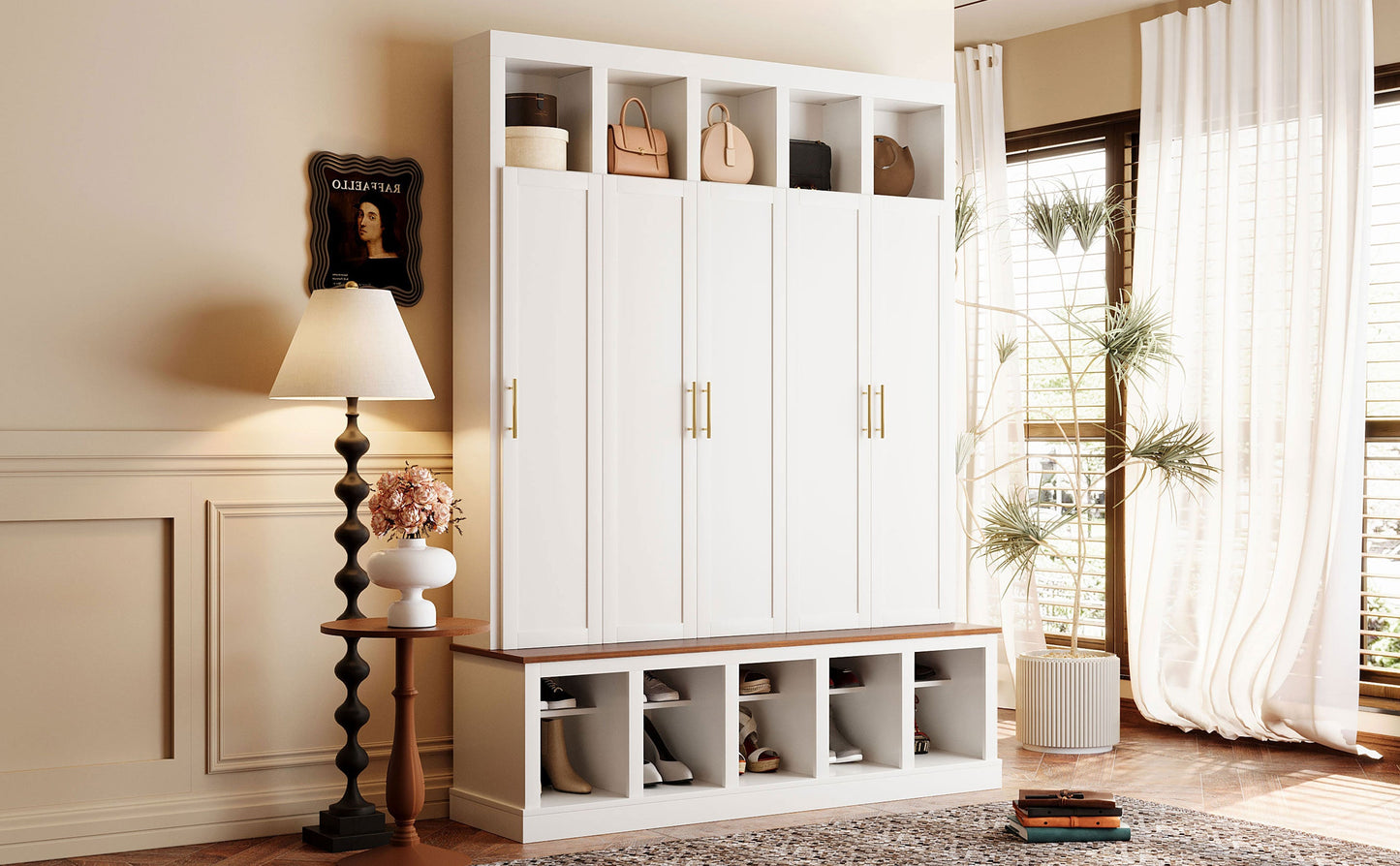 U-Can Farmhouse Entryway Storage Cabinet with shoe rack and cubbies, white with brass handles on Tampa Home & Garden Store