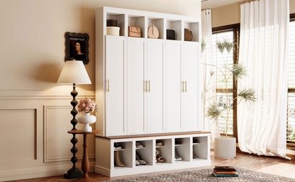U-Can Farmhouse Entryway Storage Cabinet with shoe rack and cubbies, white with brass handles on Tampa Home & Garden Store