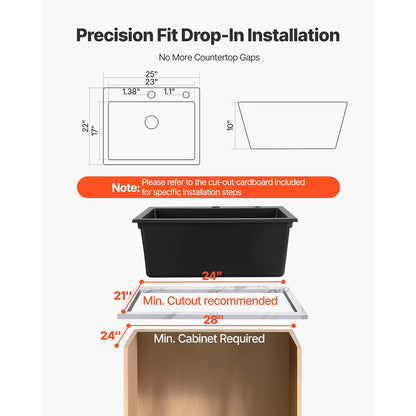 25-Inch Granite Kitchen Sink Top Mount, Drop-In, single bowl for RV bar with fit diagram on Tampa Home & Garden Store