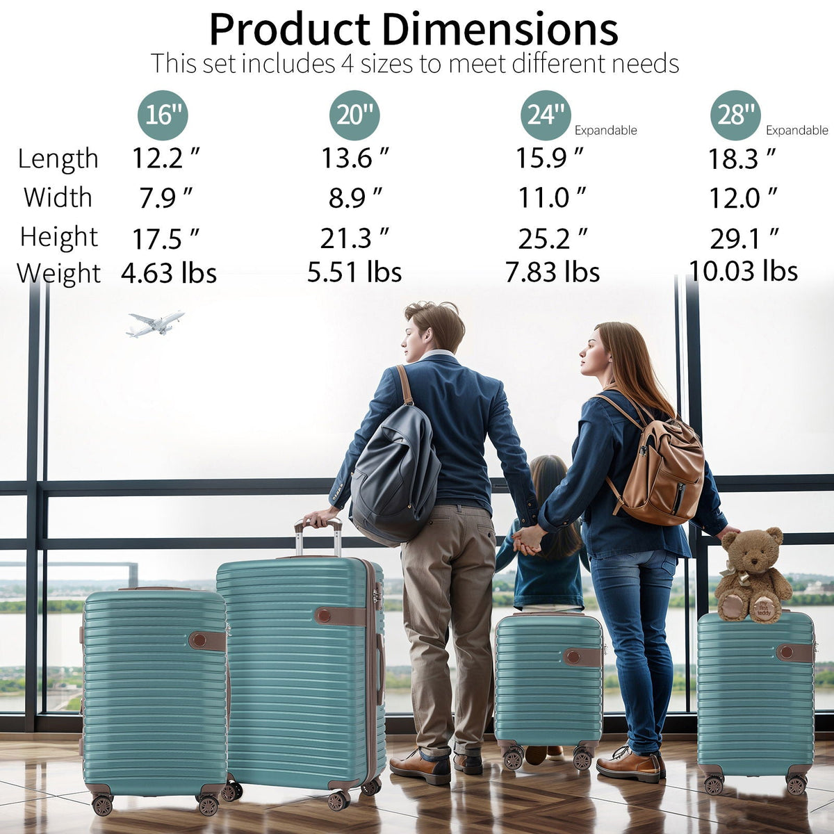 4-piece hard shell luggage set in teal with expandable design and packing cubes on Tampa Home & Garden Store