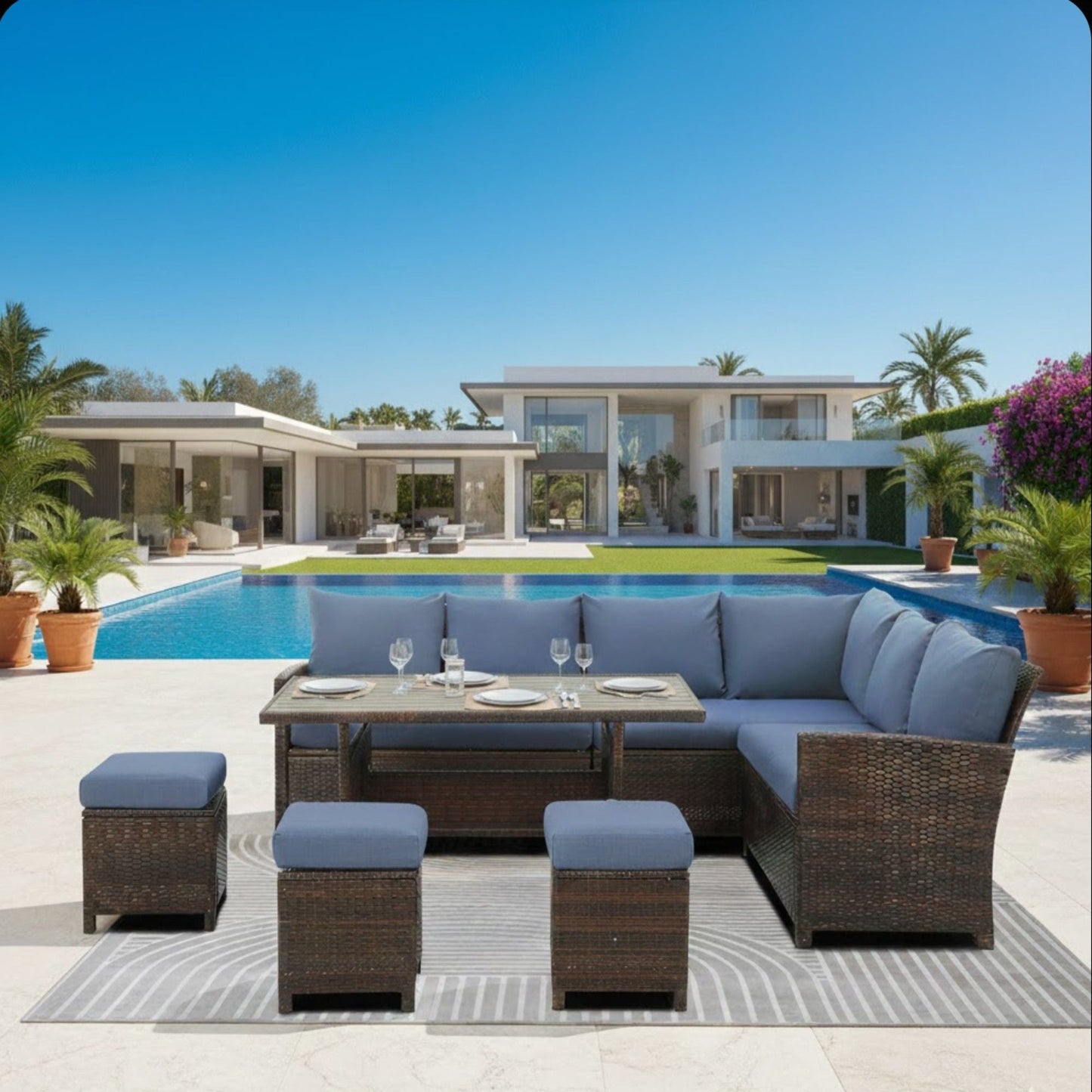 7pc Patio Dining Set dark wicker modular sectional with storage table and blue cushions on Tampa Home & Garden Store