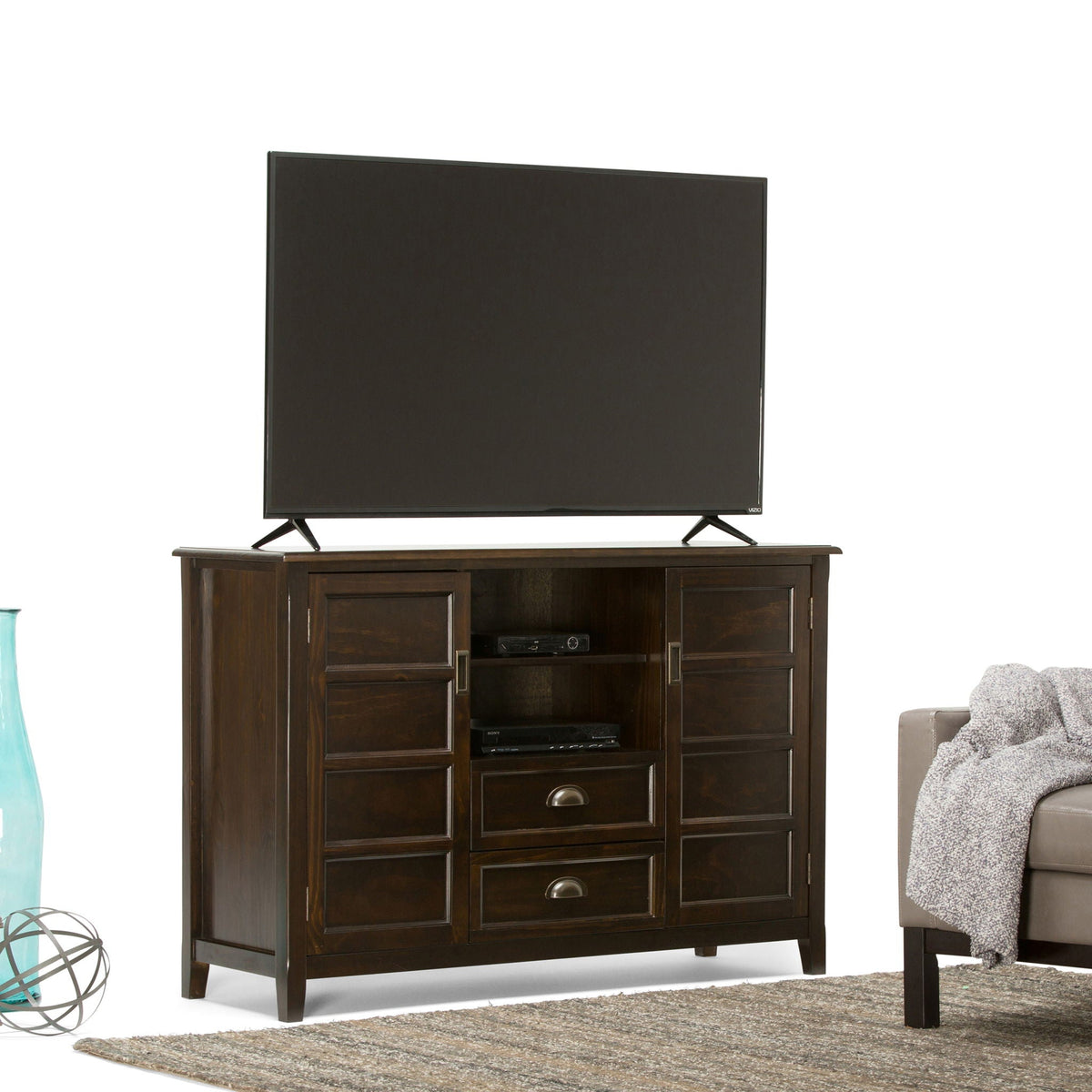Handcrafted tall TV stand with storage in dark wood by HouseOfZazla, supports a flat-screen TV on Tampa Home & Garden Store