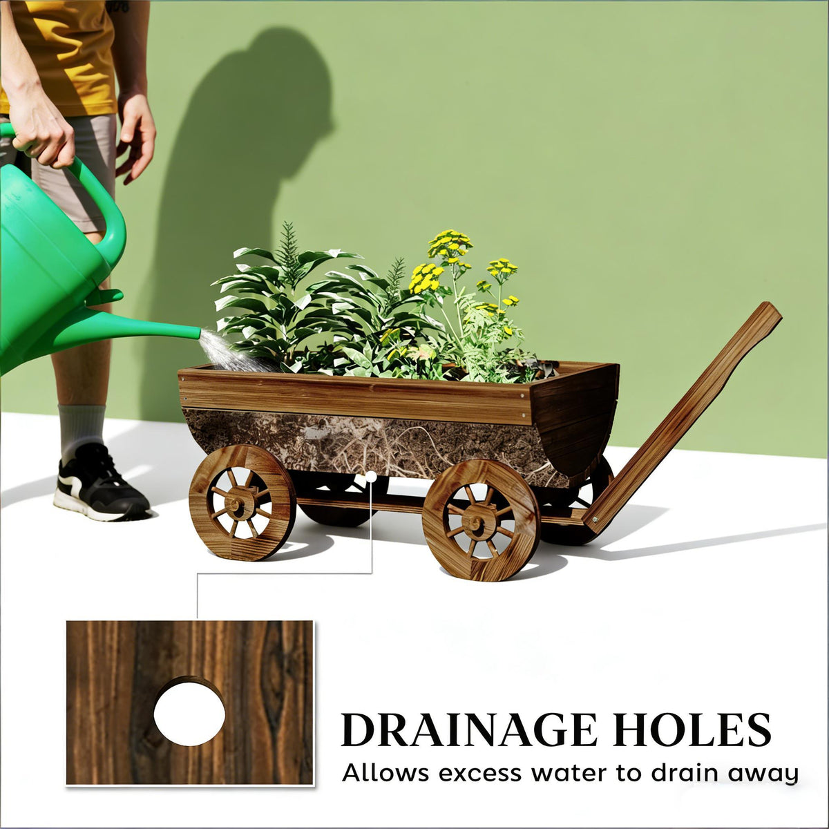 Brown wooden wheelbarrow planter with drainage holes mobile garden cart HouseOfZazla on Tampa Home & Garden Store