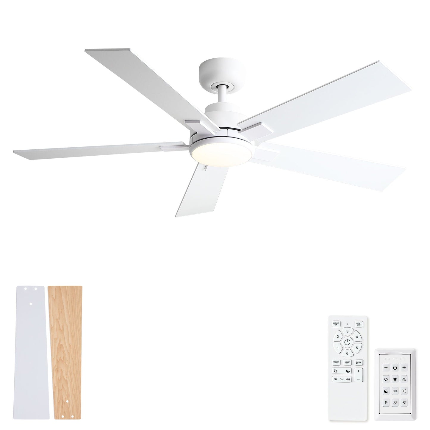 Ceiling fan with reversible motor, integrated LED light and remote; blade options white/wood on Tampa Home & Garden Store