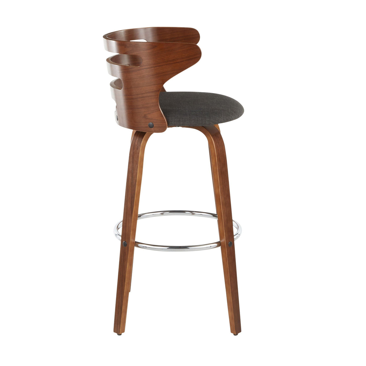 Mid Century Modern fixed-height swivel barstool with curved wood back and gray upholstered seat on Tampa Home & Garden Store