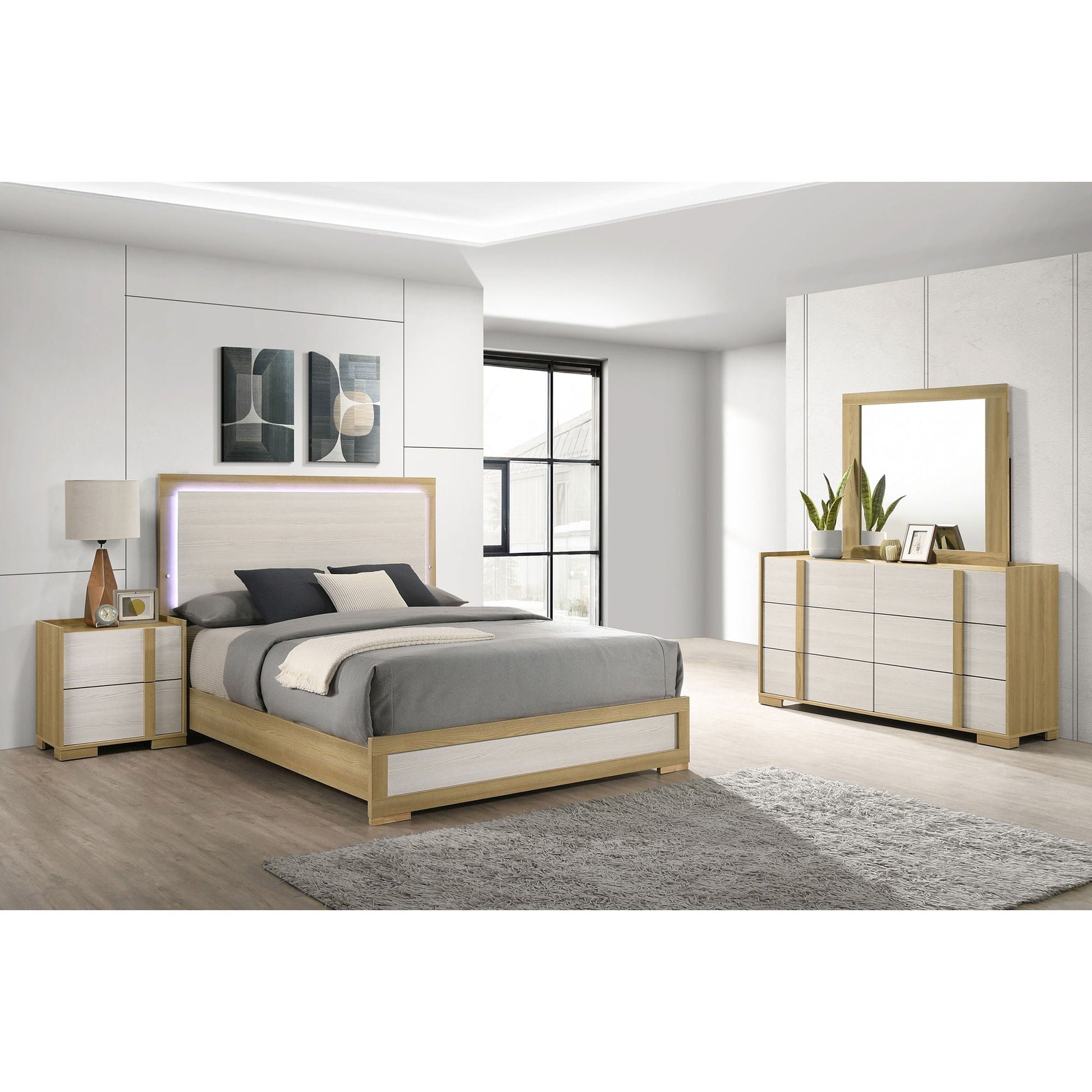 Lincoln Bedroom Set with LED Headboard, 4-piece light wood finish by HouseOfZazla on Tampa Home & Garden Store