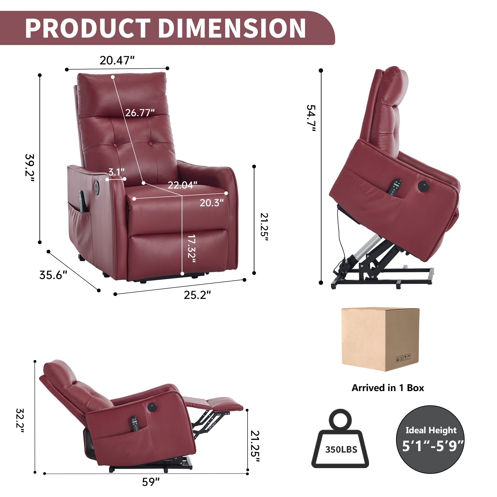 Comfortmax lift recliner chair by HouseOfZazla in burgundy leather; dual views with dimensions on Tampa Home & Garden Store