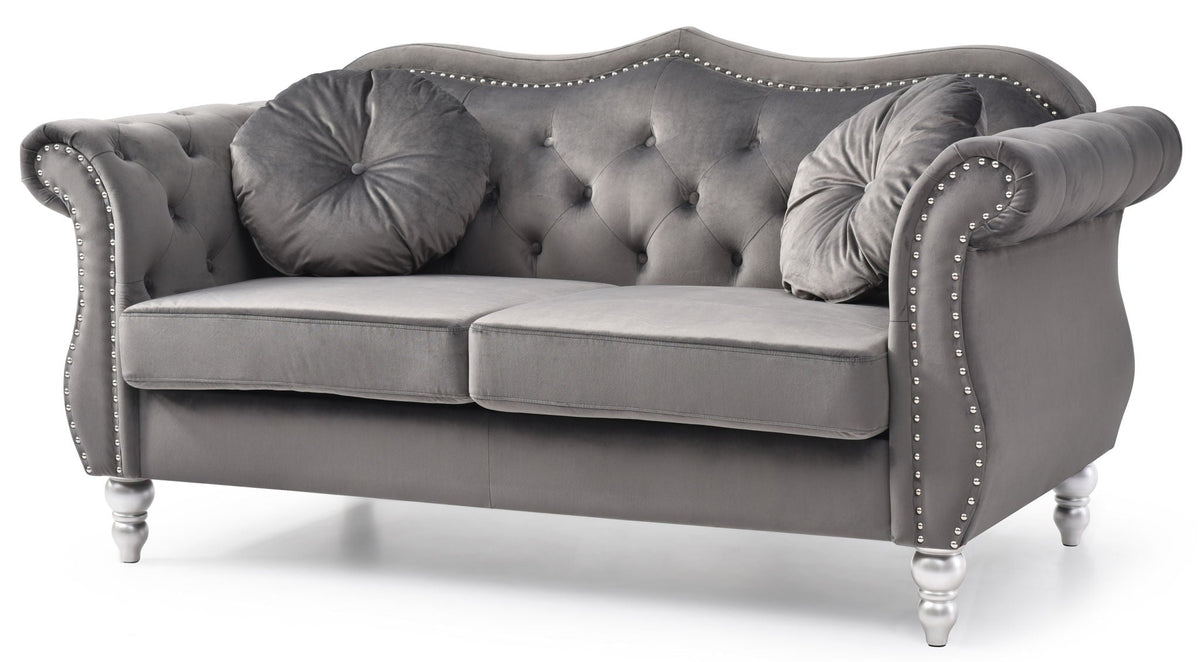 Stylish flared-arm loveseat in gray velvet with tufted back and nailhead trim by HouseOfZazla on Tampa Home & Garden Store
