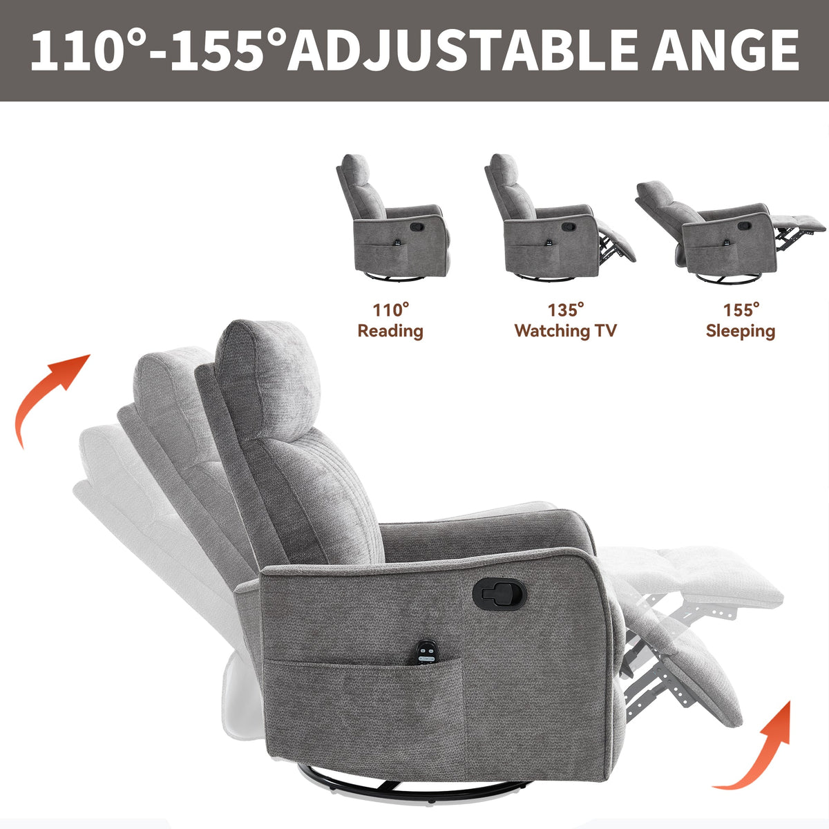 ComfortMax Dark Gray Recliner Chair by HouseOfZazla, fabric recliner with 110-155° adjustability on Tampa Home & Garden Store