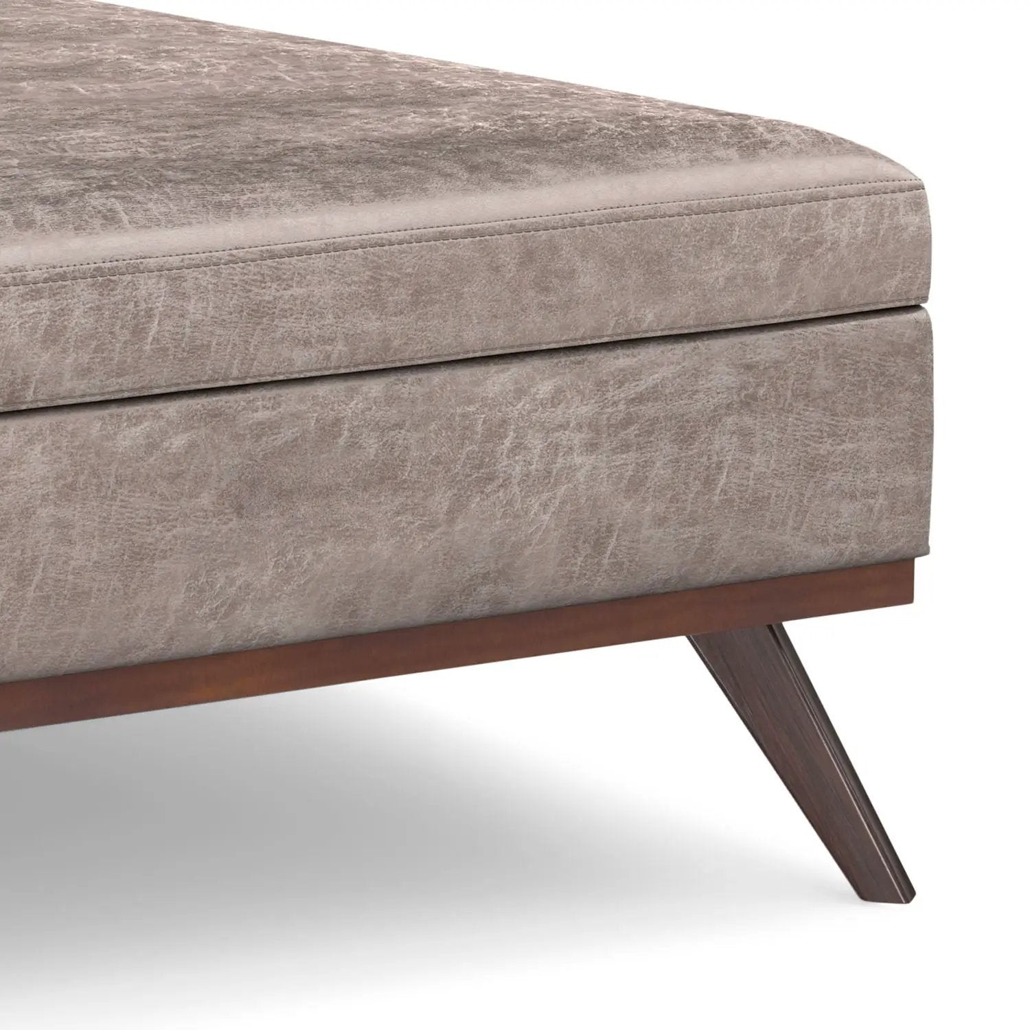Owen square storage ottoman in taupe fabric with angled wooden legs on Tampa Home & Garden Store