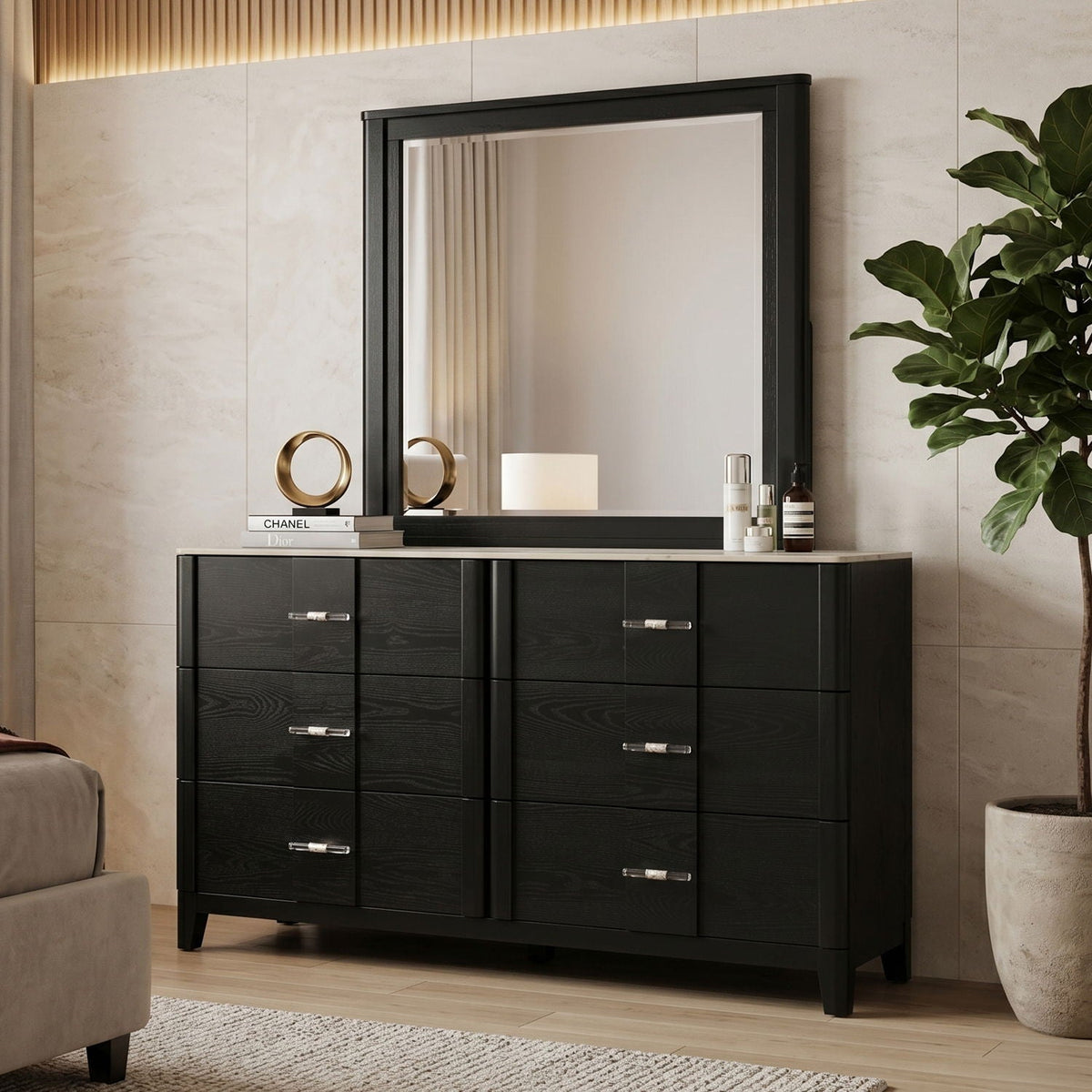 Opel black bedroom wall mirror with deep frame by HouseOfZazla, square reflective surface on Tampa Home & Garden Store
