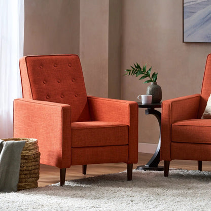 Pair of midcentury recliners in orange waffle-stitch fabric with tufted backs on Tampa Home & Garden Store